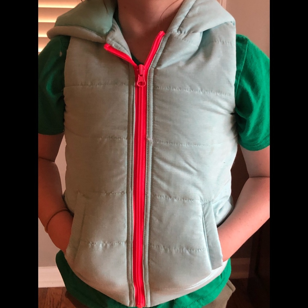 Hooded puffy vest. Seafoam with pink!